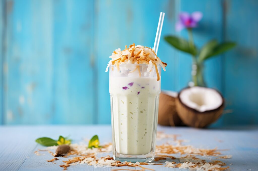 lassi avec copeaux de noix de coco, concept de boisson tropicale, créé avec l'IA générative